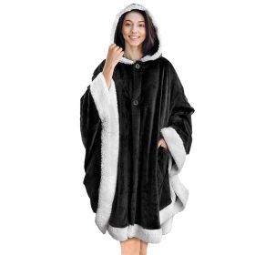 Hoodie Blanket Wrap Wearable Hoodie Snuggle Robe Sweatshirt Soft Lined Cuddle Poncho Cape w/ Hat 2 Pockets Buttons (Option: Black)