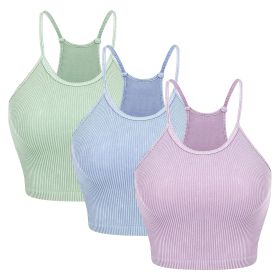 3 Pack Women Crop Basic Tank Top Ribbed Knit Sleeveless Round Neck 9 Color Machine Wash Summer Crop S to XL (Option: Purp_Blu_GRN_XL)