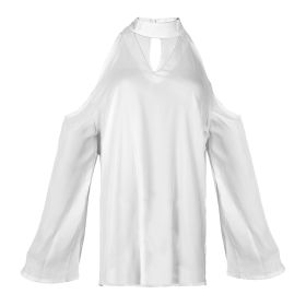 Women\'s Sexy Off The Shoulder Blouses Cold Shoulder Tops V-Neck Long Sleeve T-Shirt Solid Color Summer (Option: S_White)