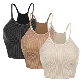 3 Pack Women Crop Basic Tank Top Ribbed Knit Sleeveless Round Neck 9 Color Machine Wash Summer Crop S to XL (Option: DGRY_Kha_Beige_M)