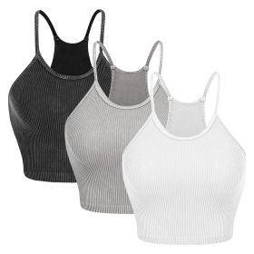 3 Pack Women Crop Basic Tank Top Ribbed Knit Sleeveless Round Neck 9 Color Machine Wash Summer Crop S to XL (Option: BLK_WHT_LGRY_S)