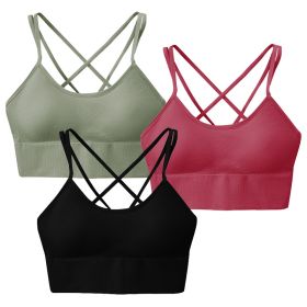 3Packs Women Cross Back Sport Bras Padded Strappy Medium Support Bras Sexy Fitness Tank Tops with Removable Pads for Gym Yoga Workout Running (Option: GN_RD_BK_M)