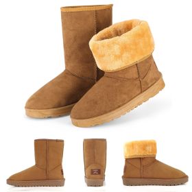 Women Ladies Snow Boots Waterproof Faux Suede Mid-Calf Boots Fur Warm Lining Shoes (Option: Chestnut_7)