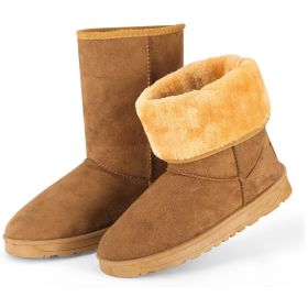 Women Ladies Snow Boots Waterproof Faux Suede Mid-Calf Boots Fur Warm Lining Shoes (Option: Chestnut_5)