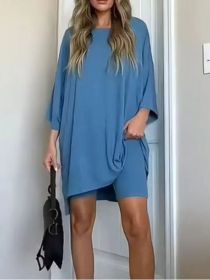 Women's Clothing Fashion Solid Color Loose T-shirt Tight Shorts Women (Option: Gray Blue-S)