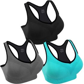 3 Packs Women Padded Sports Bras Yoga Fitness Push up Bra Female Top for Gym Running Workout Training (Option: BK_GY_BU_XL)
