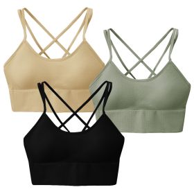 3Packs Women Cross Back Sport Bras Padded Strappy Medium Support Bras Sexy Fitness Tank Tops with Removable Pads for Gym Yoga Workout Running (Option: GN_BK_BGE_XL)