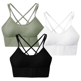 3Packs Women Cross Back Sport Bras Padded Strappy Medium Support Bras Sexy Fitness Tank Tops with Removable Pads for Gym Yoga Workout Running (Option: GN_BK_WH_L)