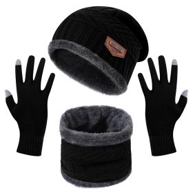 Winter Knitted Hat Scarf Gloves 3Pcs Winter Warm Beanie and Touch Screen Gloves Scarf Set Knit Beanie Skull Cap Neck Warmer Mittens for Men Women (Option: Black)