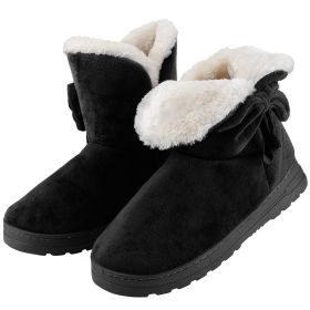Women Ladies Snow Boots Super Soft Fabric Mid-Calf Winter Shoes Thickened Plush Warm Lining Shoes w/ Anti-slip Rubber Base Bowknot (Option: Black_7)