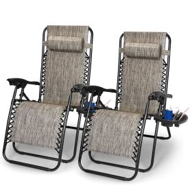 2Packs Zero Gravity Lounge Chair w/ Dual Side Tray 330lbs Load Foldable Recliner Chair w/ Stress Relief Pillow Patio Poolside Beach Lying Chair (Option: Grey)
