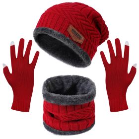 Winter Knitted Hat Scarf Gloves 3Pcs Winter Warm Beanie and Touch Screen Gloves Scarf Set Knit Beanie Skull Cap Neck Warmer Mittens for Men Women (Option: Red)